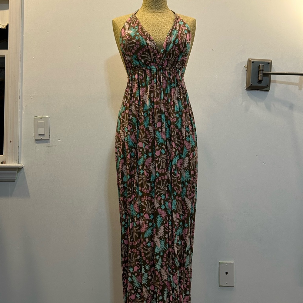 Blue and Orange Ruched Tie Front Maxi Sundress